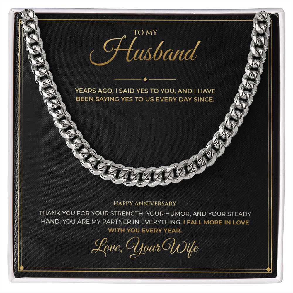 To My Husband message card for Anniversary with Cuban Link Chain — I fall more in love with you every year