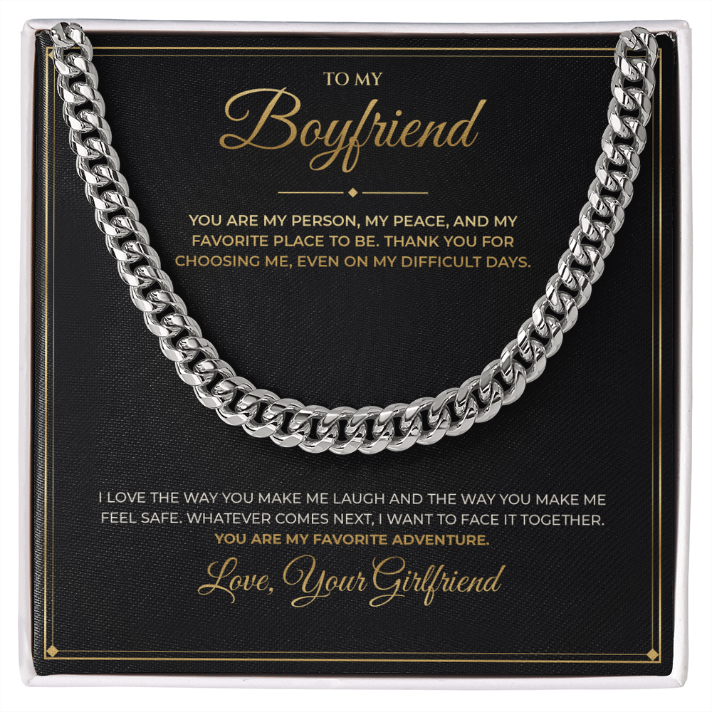 To My Boyfriend message card with Cuban Link Chain — You are my favorite adventure